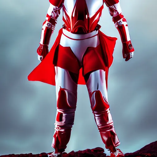 Image similar to portrait of a athletic female soldier in glossy sleek white armor with tiny red details and a long red cape, heroic posture, on the surface of mars, night time, dramatic lighting, cinematic, sci-fi, hyperrealistic