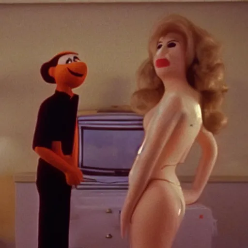 Prompt: still from a 1 9 8 8 david lynch film about a depressed housewife wearing an inflatable cartoon face as she meets a handsome younger man in a seedy motel