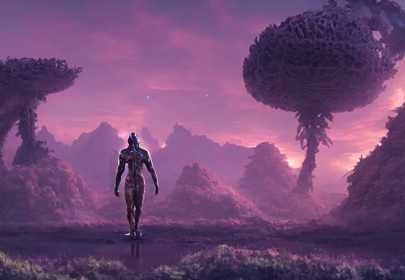 Image similar to Eastern Island statue walking on a alien planet with alien plants and a giant galaxy appearing in the sky, digital art, anime style, 8K HDR, octane render, unreal engine 5, path tracing, breathtaking landscape, cinematic lighting, trending on Artstation, high quality, highly detailed, trending on DeviantArt, concept art