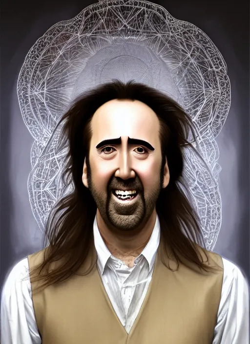 Prompt: symmetry!! portrait of nicolas cage, long hair in the wind, smile, happy, white vest, intricate, elegant, highly detailed, digital painting, artstation, concept art, smooth, sharp focus, illustration, art by artgerm and greg rutkowski and alphonse mucha