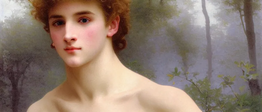 Prompt: A pale blond androgynous young man Lucius, fluffy light long blond curly hair. Gentle opal eyes. Smiling. Happy. Cheerful. Art by william adolphe bouguereau. Extremely detailed. Beautiful. 4K. Award winning.
