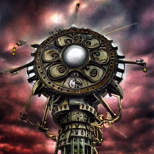 Image similar to giant mechanical rose, steampunk, fantasy art, sky, detailed