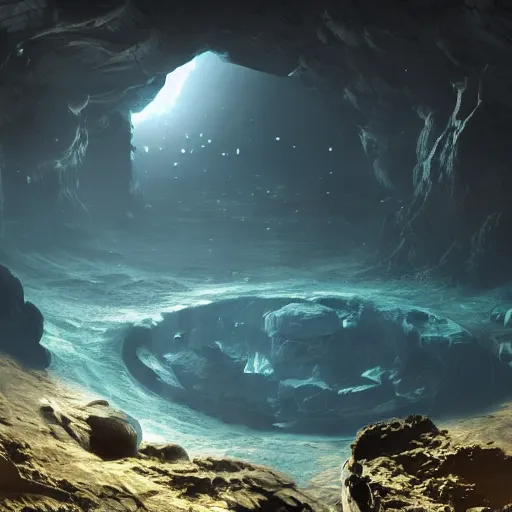 Image similar to utopian Galaxy , underwater cavern outer space with a hazy overcast, a evil dark sun , depth field, unreal engine, 4k concept art and hyper realism