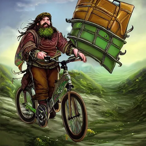 Image similar to a bearded and long haired bicycle food delivery worker with a green bag on his back in ireland, he has boots, hearthstone art style, epic fantasy style art by kim jung gi, fantasy epic digital art