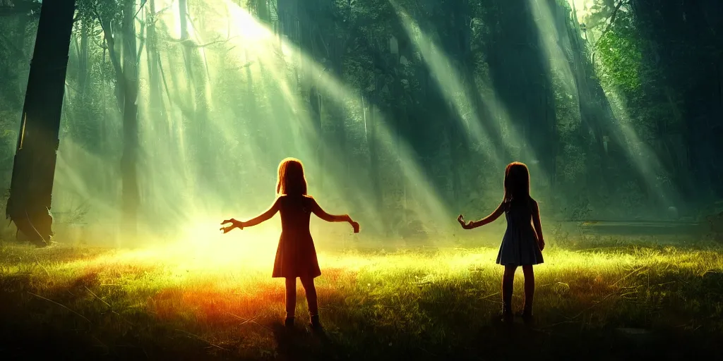 Image similar to sci - fi scene future new york, little girl holding a hand of a big robot, forest punk, crepuscular rays, epic scene, hyper realistic, photo realistic, overgrowth, cinematic atmosphere, ethereal lighting