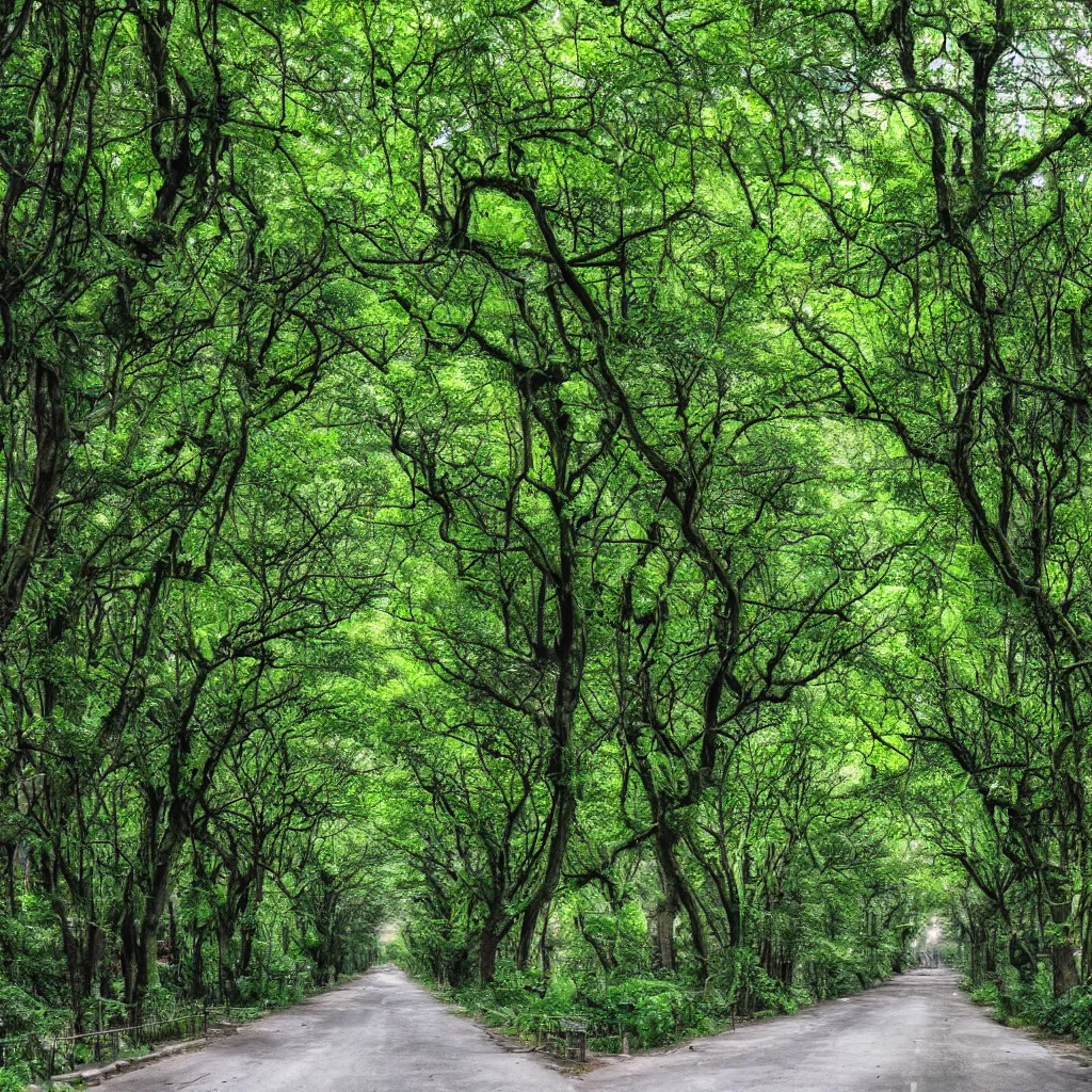 Image similar to a street overgrown with a lush forest