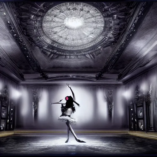 Image similar to digital matte painting of a woman dancing alone in a dark gothic style ballroom, dark dramatic mysterious luis royo, wlop 8 0 mm camera, high detail, hd 8 k