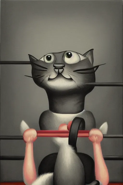 Image similar to anthro cat working out in the gym, an ultrafine detailed painting by mark ryden, trending on deviantart, pop surrealism, whimsical, lowbrow, grotesque