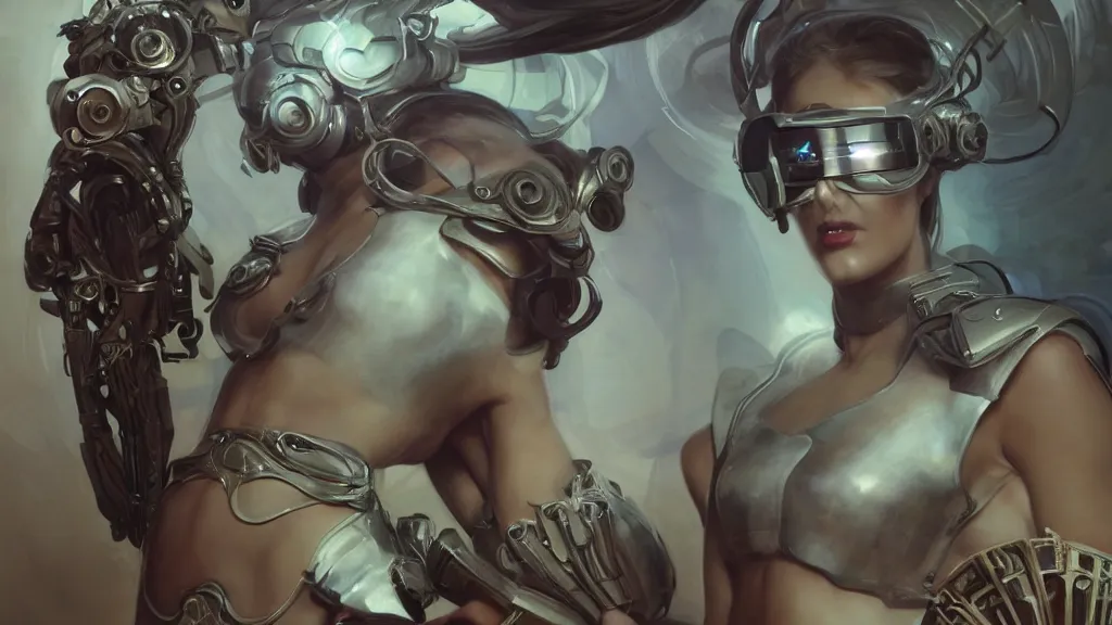 Prompt: modern elegant female cyborg greek goddess, futuristic goggles, space opera, feminine, powerful, beautiful, upper body, muscular, armour, highly detailed, digital painting, ghibli animated film, volumetric lighting, octane render artstation, concept art, smooth, sharp focus, illustration, by gaston bussiere, mucha, gerome, craig mullins, greg rutkowski, john singer sargent