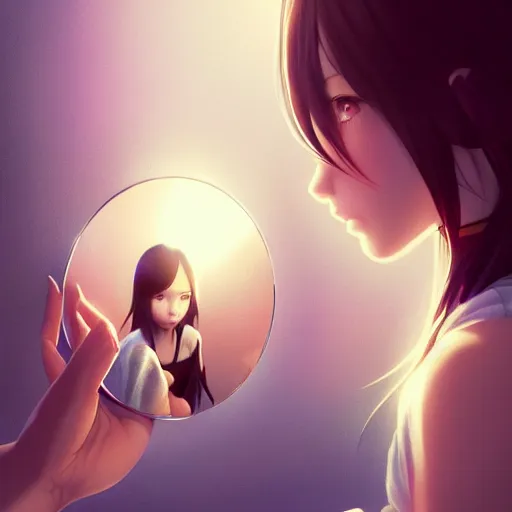 Image similar to very small little girl by ross tran, reaching into their reflection in the mirror by sana takeda, rtx reflections, very high intricate details, digital anime art by artgerm, medium shot, mid - shot, composition by ilya kuvshinov, lighting by greg rutkowski