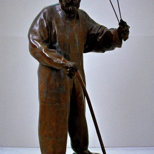 Image similar to patina bronze sculpture, old man with cane, in museum, soft light, kodak gold 2 0 0,