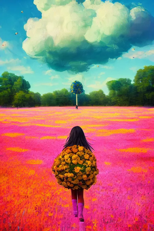 Image similar to giant flower head, girl walking in a flower field, surreal photography, sunrise, dramatic light, impressionist painting, colorful clouds, digital painting, artstation, simon stalenhag