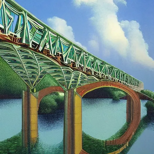 Image similar to a marvel of engineering, full color, realistic, escher, environmental, architectural, bridge, stonework, bright