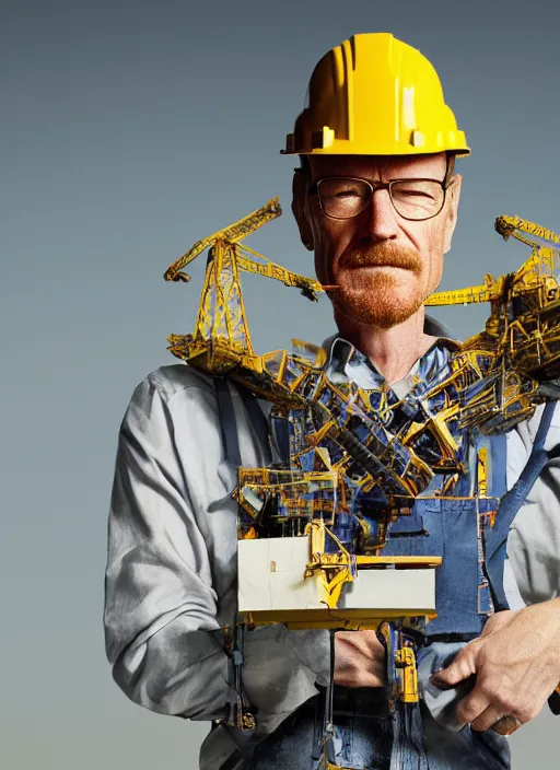 Image similar to closeup portrait of mecha bryan cranston with construction crane arms, yellow hardhat, natural light, bloom, detailed face, magazine, press, photo, steve mccurry, david lazar, canon, nikon, focus