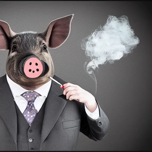 Image similar to a pig wearing a suit and a monocle, smoking a cigar, hyper realistic, 8k, portrait photography