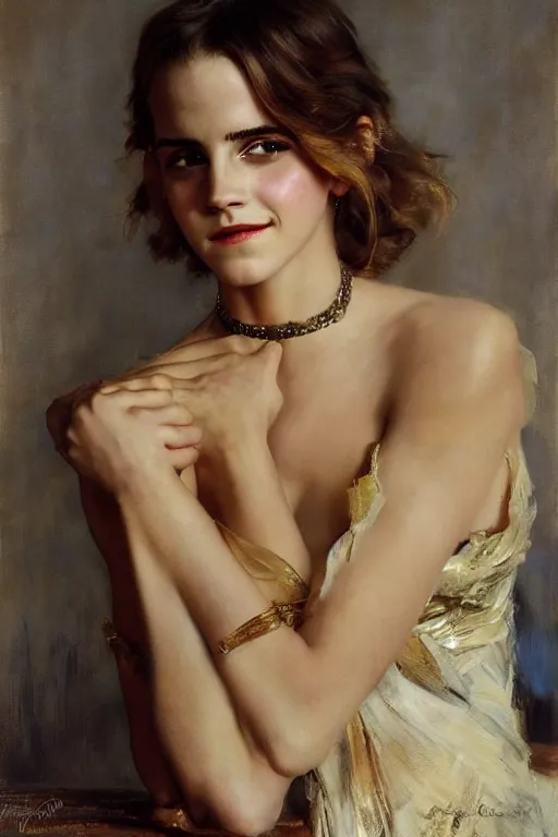 Image similar to emma watson smiling closed eyes detailed portrait painting by gaston bussiere craig mullins j. c. leyendecker photograph by richard avedon peter lindbergh