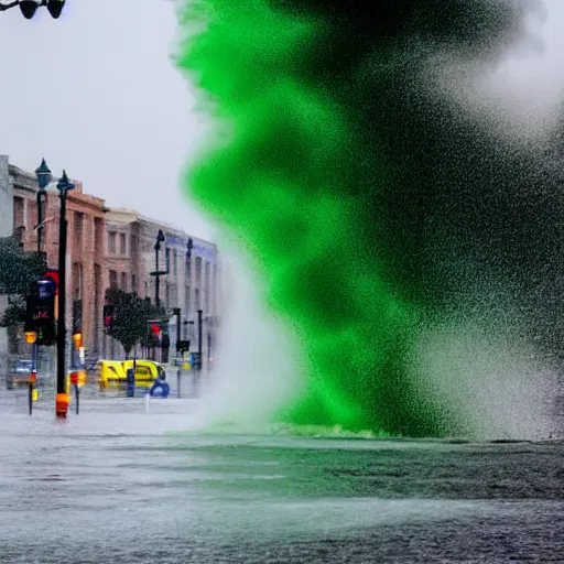 Prompt: a photograph of a sea storm flooding a street in Washington D.C., blue-green-purple-red