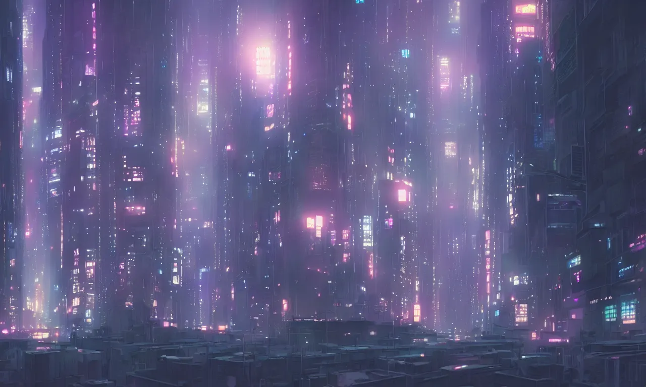 Image similar to city in the atmospheric cyberpunk anime film, gouache matte background painting, at night with lights, by makoto shinkai, in the anime series ergo proxy, beautiful specular edge highlights and rim lighting