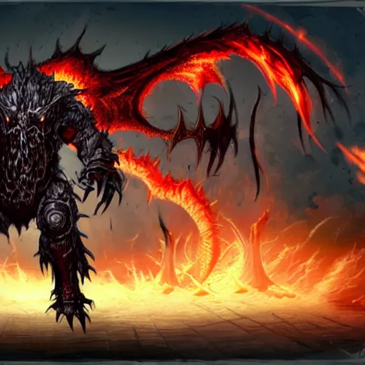 Image similar to monster with many arms and epic edgy armor. Black flames around him.