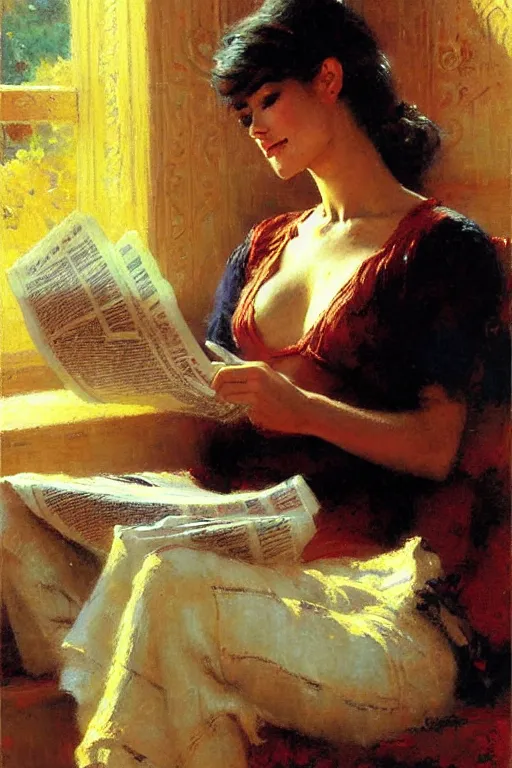 Image similar to attractive woman drinking coffee and reading newspaper, painting by gaston bussiere, craig mullins