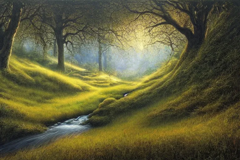 Prompt: masterpiece painting of oak trees on a hillside overlooking a creek, dramatic lighting, by tomasz alen kopera