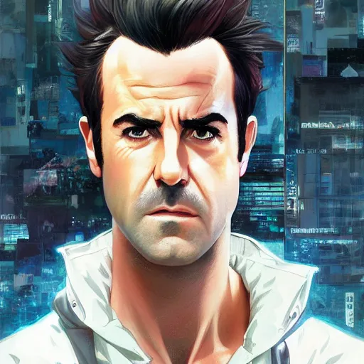 Image similar to justin theroux as a manga characterl, realistic shaded perfect face, fine details. anime. realistic shaded lighting poster by ilya kuvshinov katsuhiro otomo ghost - in - the - shell, magali villeneuve, artgerm, jeremy lipkin and michael garmash and rob rey