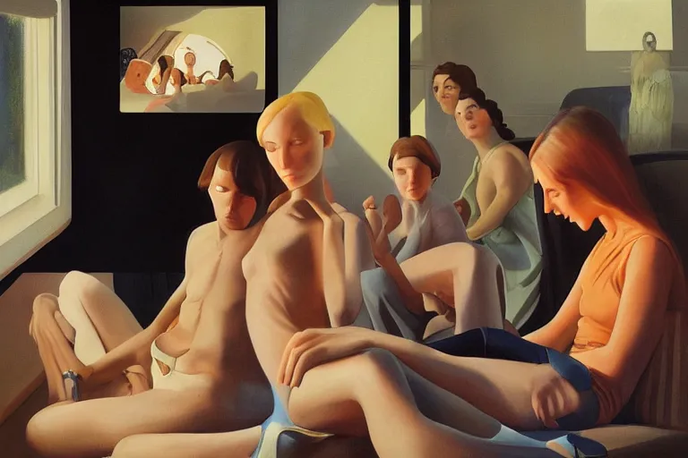 Image similar to beautiful painting of friends, beautiful faces, sitting on the edge, cute, soft light, digital painting by ralph mcquarrie and diane arbus