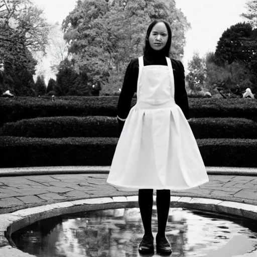 Prompt: a full body portrait of a young woman in black and white maid uniform standing in front of a fountain in a park, 8k, cinematic, photo taken with Sony a7R camera, by William-Adolphe