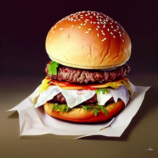 Prompt: portrait of Putin eating a giant hamburger , extra onions and ketchup, luscious patty with sesame seeds, feminine ethereal, handsome, D&D, fantasy, intricate, elegant, highly detailed, digital painting, artstation, concept art, matte, sharp focus, illustration, art by Artgerm and Greg Rutkowski and Alphonse Mucha