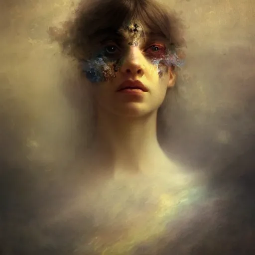 Image similar to dreams of the fae; three-quarters portrait; heterochromia; oil paints; 8k, surrealism, abstract imagery by Aleksi Briclot and Ivan Aivazovsky; blotchy skin, piercing eyes, flowing hair, underwater