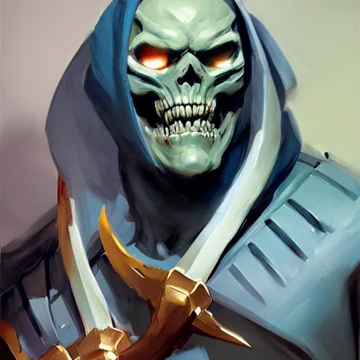 Prompt: greg manchess portrait painting of powerful skeletor the master of the universe as overwatch character, medium shot, asymmetrical, profile picture, organic painting, sunny day, matte painting, bold shapes, hard edges, street art, trending on artstation, by huang guangjian, gil elvgren, ruan jia, greg rutkowski, gaston bussiere