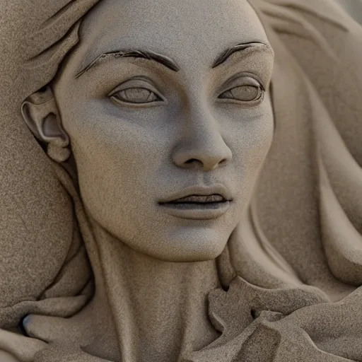 Image similar to the head of a marble cybernetic lady justice statue wearing a virtual reality headset on ground covered in sand, cyberpunk background, highly detailed, epic lighting, hyper photorealism, 8 k