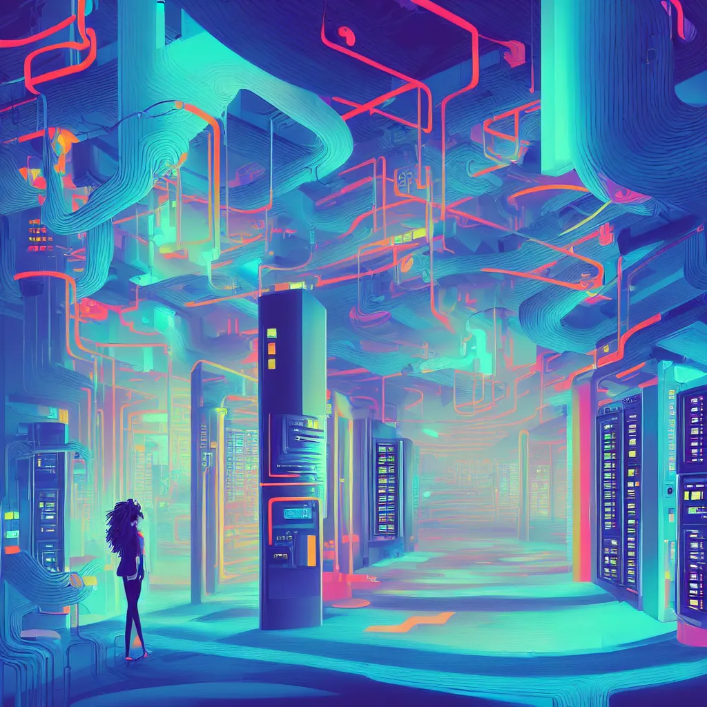 Prompt: illustration of a data-center architecture or schema, security agent, datapipeline or river, painting by Jules Julien and Lisa Frank and Peter Mohrbacher and Alena Aenami and Dave LaChapelle muted colors with minimalism