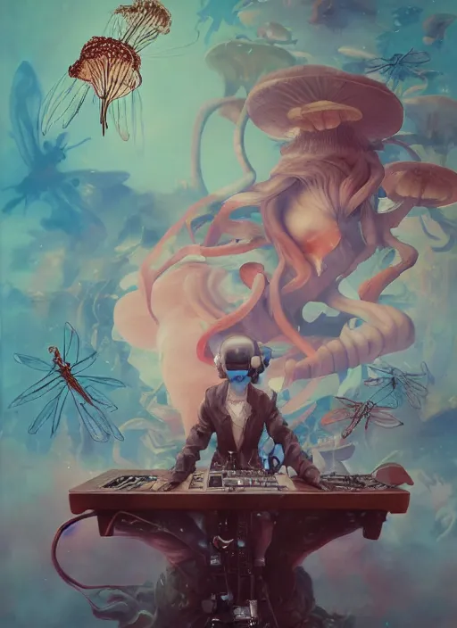 Image similar to surreal gouache painting, by yoshitaka amano, by ruan jia, by Conrad roset, by good smile company, detailed anime 3d render of a wild mushroom Surrounded by magical dragonfly and a big DJ Mixer, deck, portrait, cgsociety, artstation, rococo mechanical and Digital and electronic, dieselpunk atmosphere