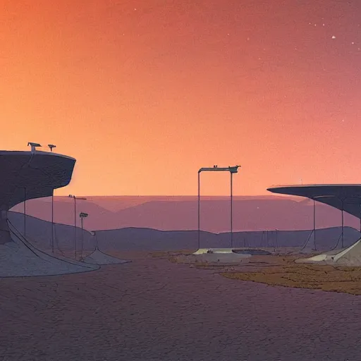 Prompt: busy spaceport in the desert, moebius, Jean Giraud, landscape, epic, artstation, dusk
