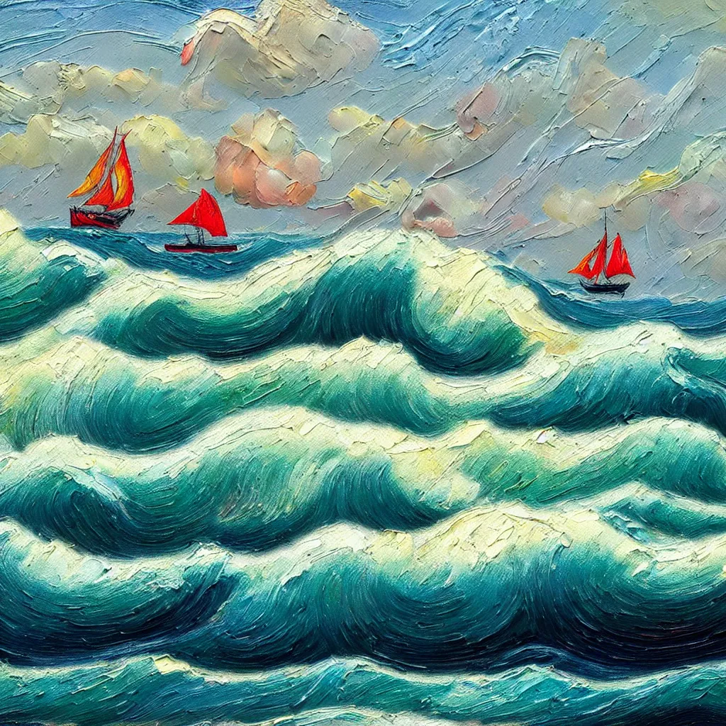 Prompt: Giant threatening beautiful Rolling waves, with a distant, dull red sailed yacht in the style of Jackson Pollack, with lots of stumbling, stumbled thick oil paint and painted in a style of painting similar to Van Gogh but more impasto and less hatching