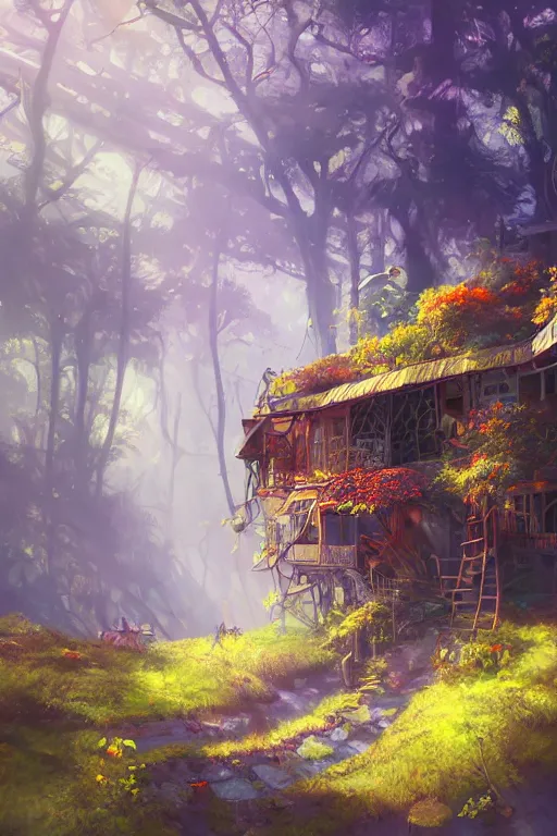 Image similar to a cheerful and whimsical ramshackle multistory hut in the woods, intricate, elegant, fantasy, highly detailed, digital painting, concept art, sharp focus, illustration, beautiful volumetric lighting, epic light, artstation, magic hour lighting, colorful, sunshine, springtime, art by Sylvain Sarrailh