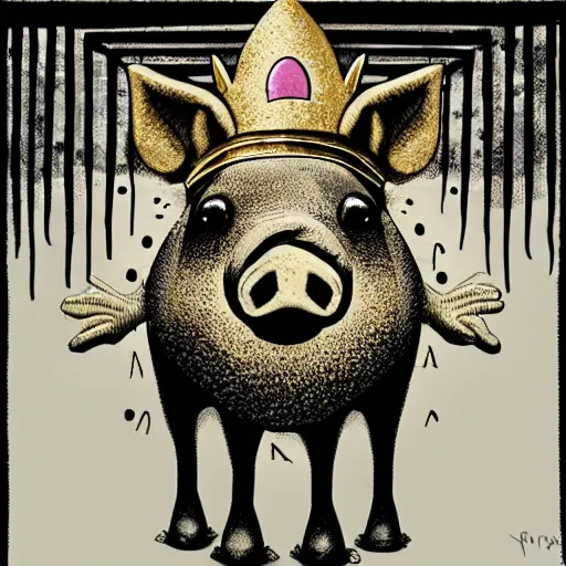 Image similar to grunge cartoon sketch of a pig in a gold crown by - beeple , loony toons style, horror themed, detailed, elegant, intricate