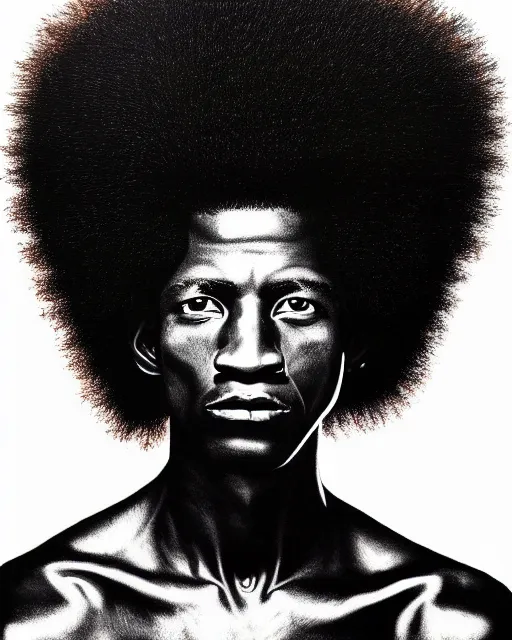 Image similar to A extremely ultra highly detailed majestic hi-res beautiful immaculate head and shoulders award winning painting stunning masterpiece of the face of a strong black african warrior man with an afro by Jean-Michel Basquiat, 8k, high textures, ultra hyper sharp, insanely detailed and intricate, super detailed, 8k HDR ultra high quality