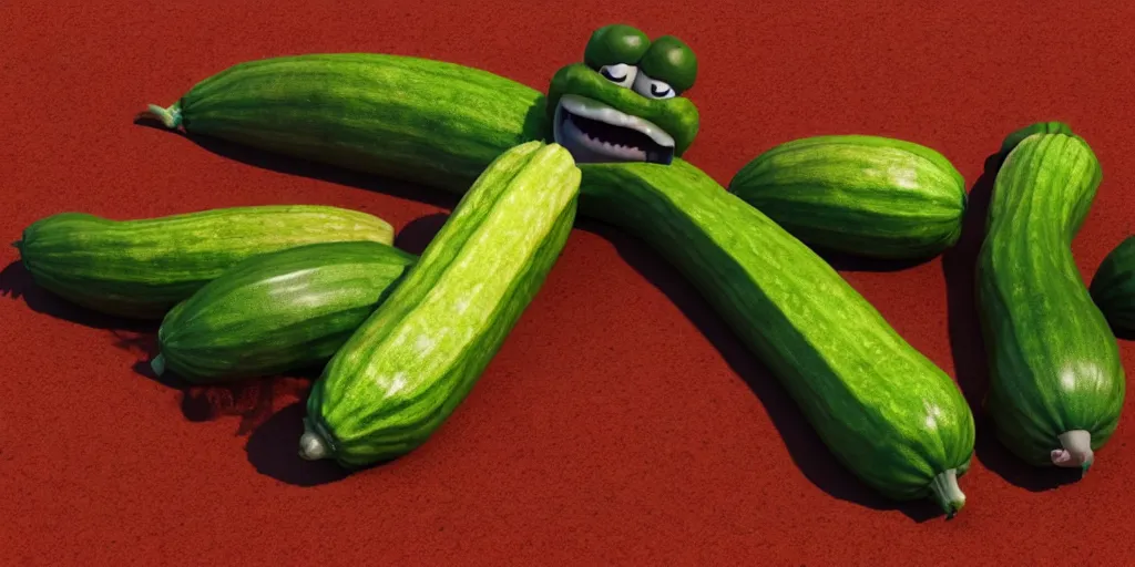 Prompt: detailed 3 d render of a bad zucchini character with arms and legs and a long sword!! chasing after a tomato character, hyper realistic octane render, cinematic lighting, pixar surrealism