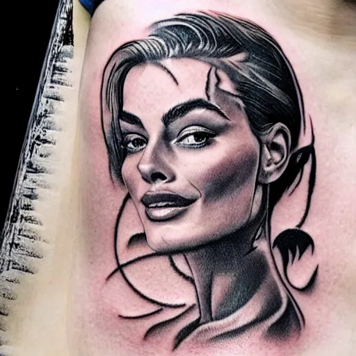 Image similar to face morph tattoo design of margot robbie and beautiful mountain scenery, in the style of arlo dicristina, amazing detail, mash up