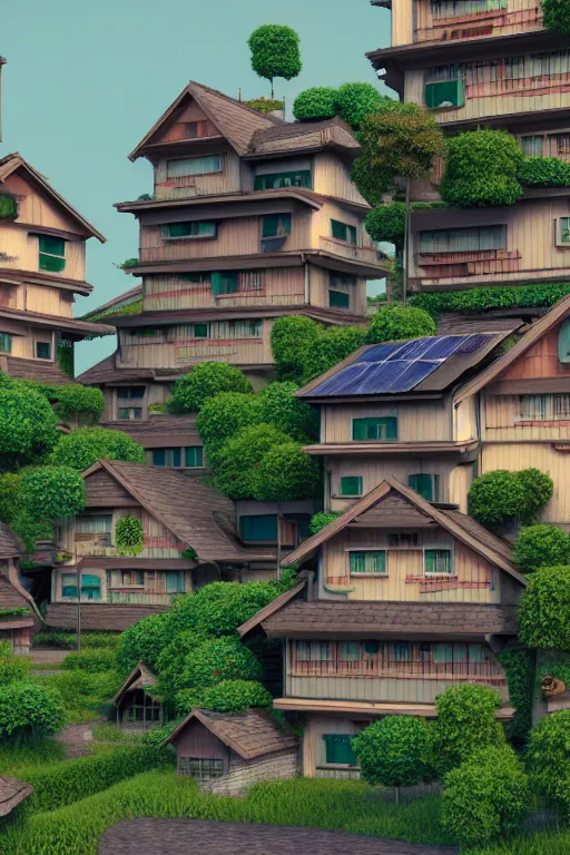 Image similar to stacked houses, solarpunk, francois schuiten, studio ghibli, octane render, 4 k