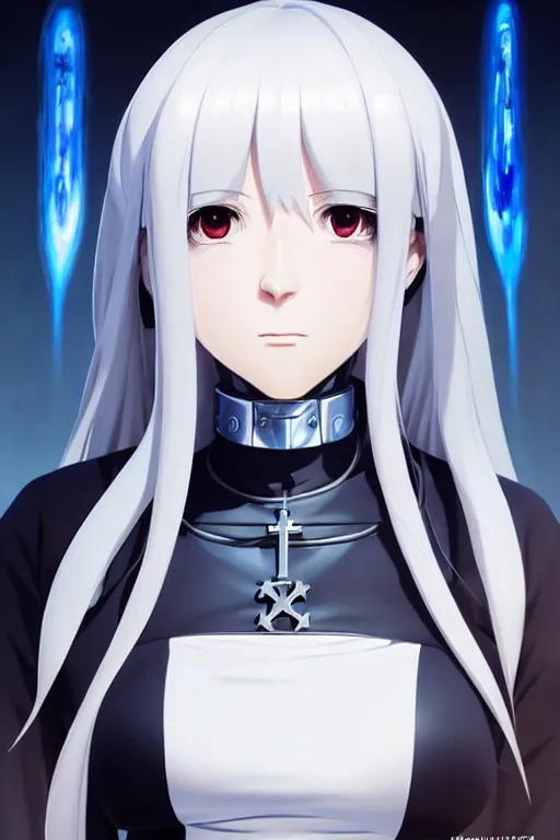 Image similar to portrait Anime cyborg girl in nun clothes, holy church Warhammer 40000, cute-fine-face, white-hair pretty face, realistic shaded Perfect face, fine details. Anime. realistic shaded lighting by Ilya Kuvshinov katsuhiro otomo ghost-in-the-shell, magali villeneuve, artgerm, rutkowski, WLOP Jeremy Lipkin and Giuseppe Dangelico Pino and Michael Garmash and Rob Rey