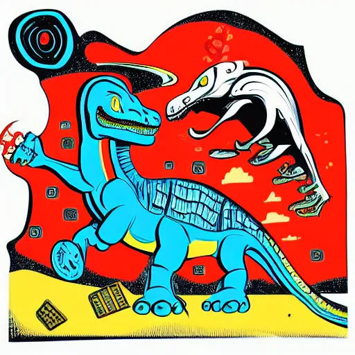 Image similar to memphis design, retro, 90s, detailed illustration, dinosaur samurai with a boombox