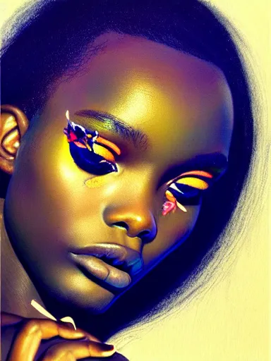 Image similar to double exposure portrait of duckie thot with a floral background : : painted by artgerm, karol bak, artur bordalo, sandra chevrier : : portrait, character, illustration, hyperrealism, photorealism,