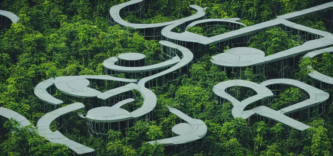 Image similar to photography of a futuristic landscape of a solarpunk city in the middle of the jungle designed by alvar aalto and taras shevchenko and le corbusier, dslr, 1 1 0 mm, sharp focus