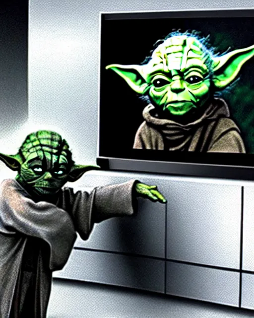 Image similar to Security cam footage of Yoda stealing a TV