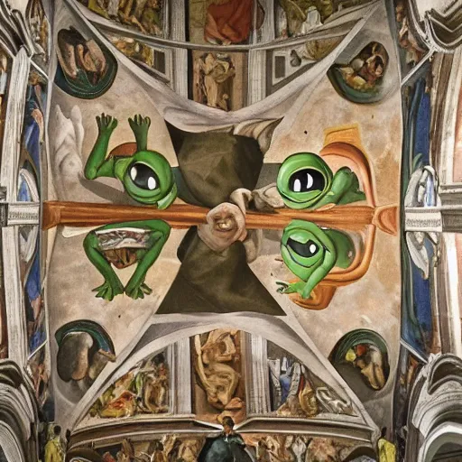 Image similar to pepe the frog in the sistine chapel fresco