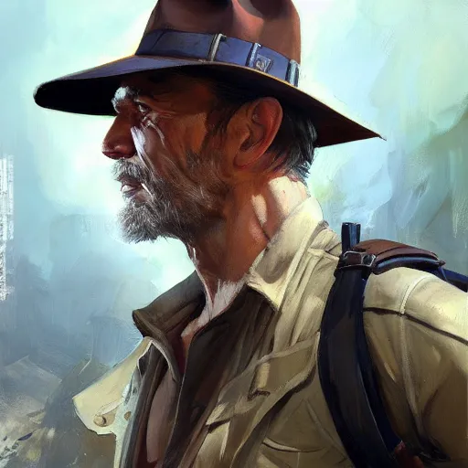 Image similar to greg manchess portrait painting of partially armored indiana jones as overwatch character, medium shot, asymmetrical, profile picture, organic painting, sunny day, matte painting, bold shapes, hard edges, street art, trending on artstation, by huang guangjian, gil elvgren, ruan jia, randy vargas, greg rutkowski