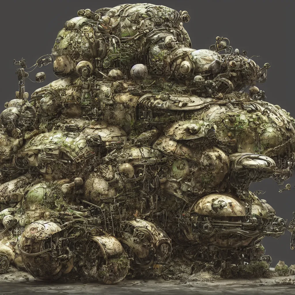 Image similar to a bio - mechanical tank with mushrooms as camouflage highly detailed, cinematic, perfect face, cyberpunk, fine details, studio lighting, subtle shadows, art by katsuya terada and hieronymus bosch, photo - realism, hyper realism, octane render